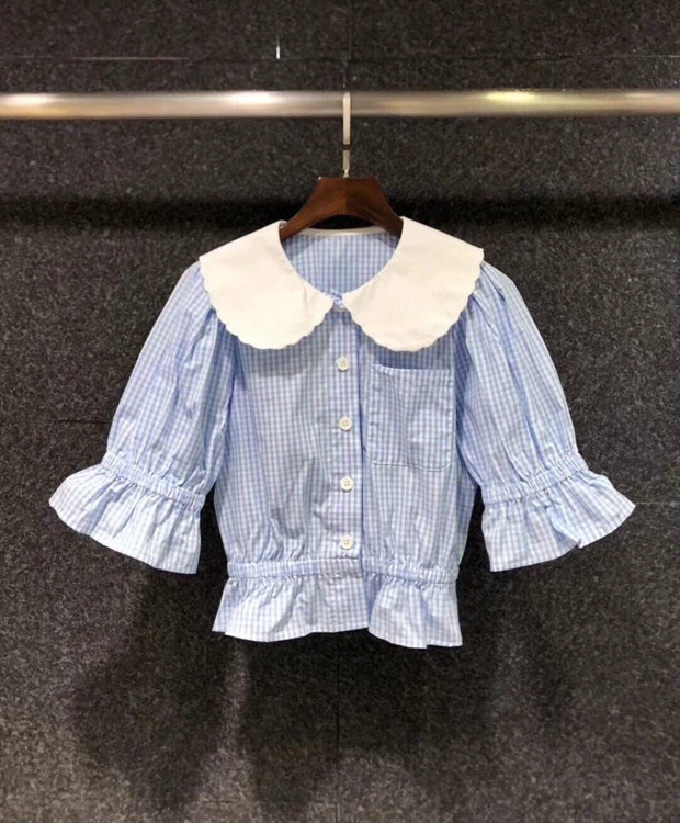 

2021 new women fashion sexy big lapel color matching stitching decorative plaid trumpet sleeve all-match top 507
