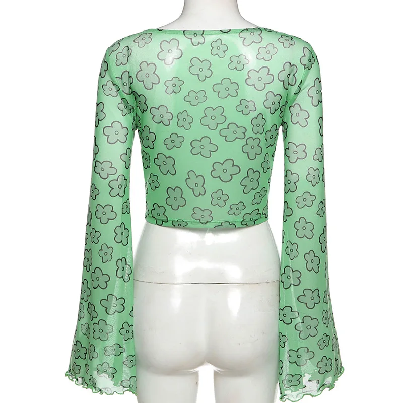 

Y2K EGIRL Vintage Y2K Floral Printing Mesh Green T-shirts 90s Fashion Cute O-neck Buttons Flare Sleeve Crop Tops Transparent Tee
