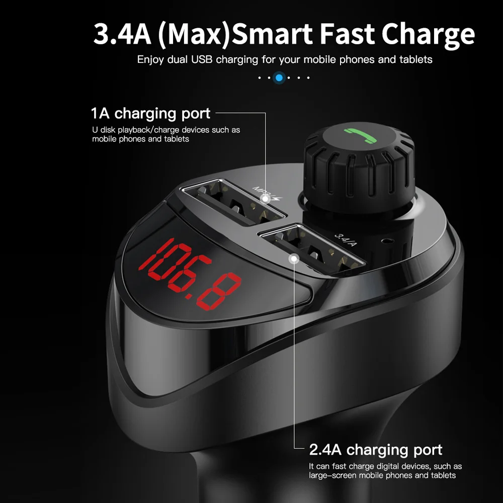 

Bluetooth-compatible FM Transmitter Wireless Car Kit Car MP3 Audio Music Player Dual Radio Car Kit 3.4A USB Charger