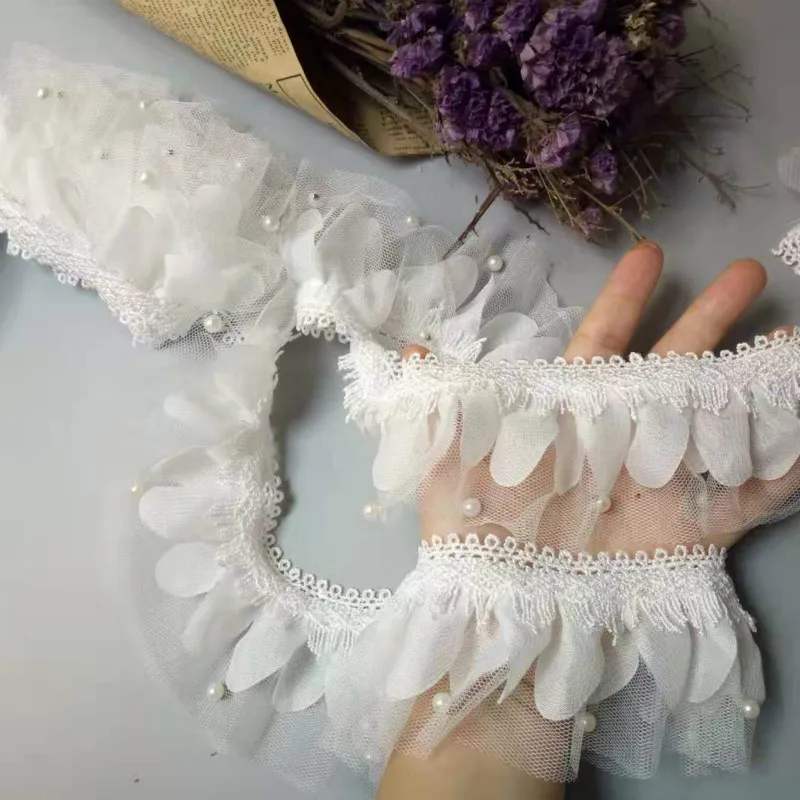 2 ярдов 70 мм Жемчуг 2-слойная плиссированная кружевная лента собранная сетка