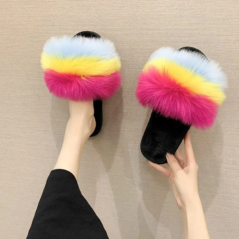 

Home Slippers Winter Warm Woman Slip on Slides Female Faux Fur Slippers Large size 35-41 wholesale femmes Slippers women shoes