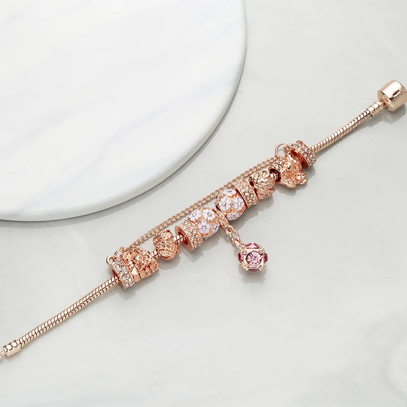 

Seialoy Rose Gold Snake Chain Bracelet DIY Shiny Dangle Charm Bracelets For Women Hot Rose Crystal Pendant Fine Charm Bangle