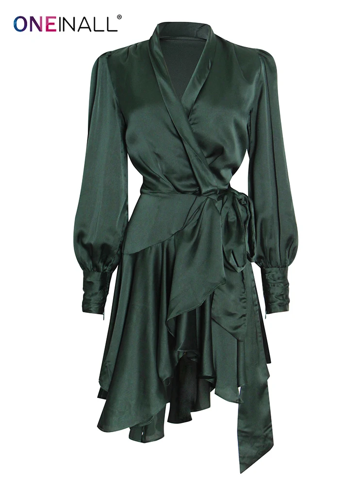 

ONEINALL Minimalist Solid Fold Pleated Mini Dress For Women V Neck Long Sleeve Lace Up Irregular Hem Mini Dresses Female 2021