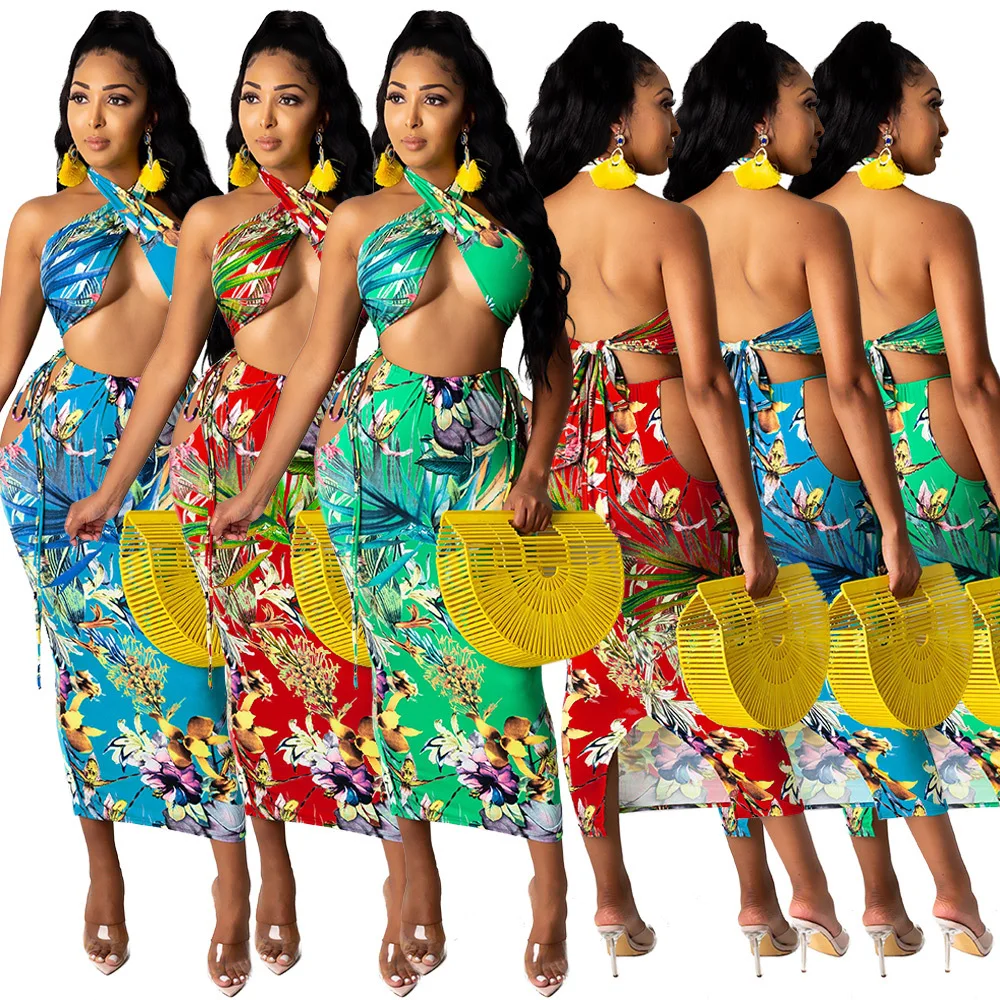 Женский богемный комплект из двух предметов с цветочным принтом укороченный топ