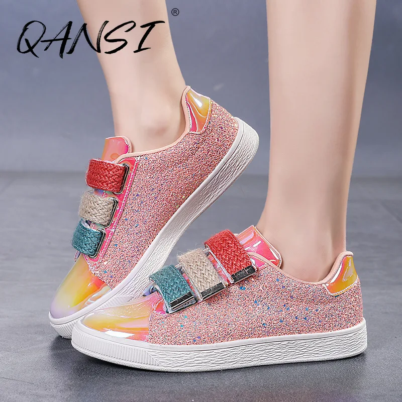 

Fashion Color Sequins Flat Women's Vulcanize Shoes Casual Velcro Patent Leather Women's Sneakers Shiny Round Toe Casual Shoes