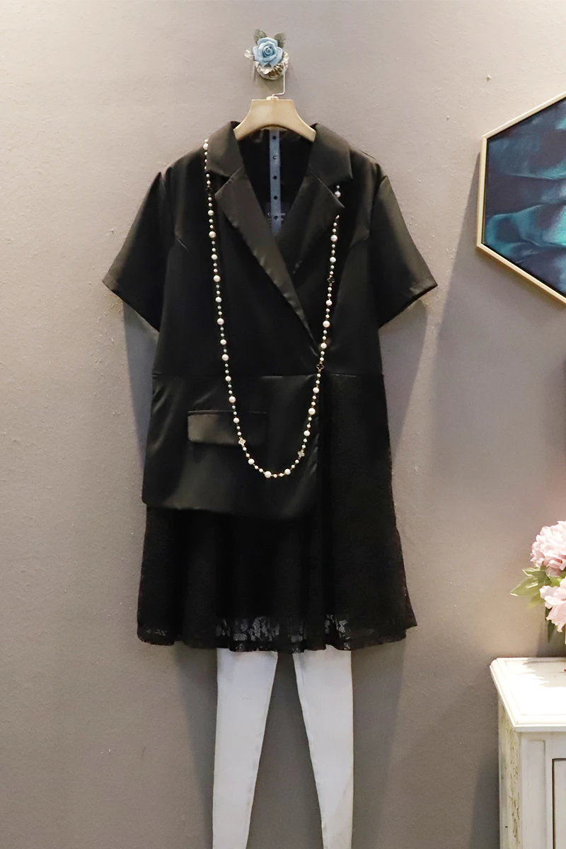 

SuperAen Summer New Loose Plus Size Fashion Lace Patchwork Slim Notched Casual Straight Woman Dress