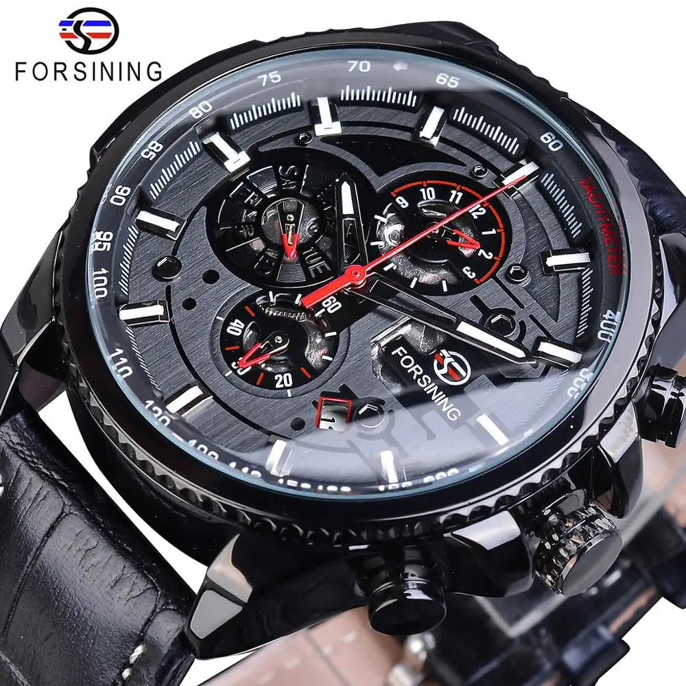 Forsining Full Black 2019 Mens Sport Automatic Wrist Watch Top Brand Luxury Transparent Calendar Display Mechanical Hours Clock