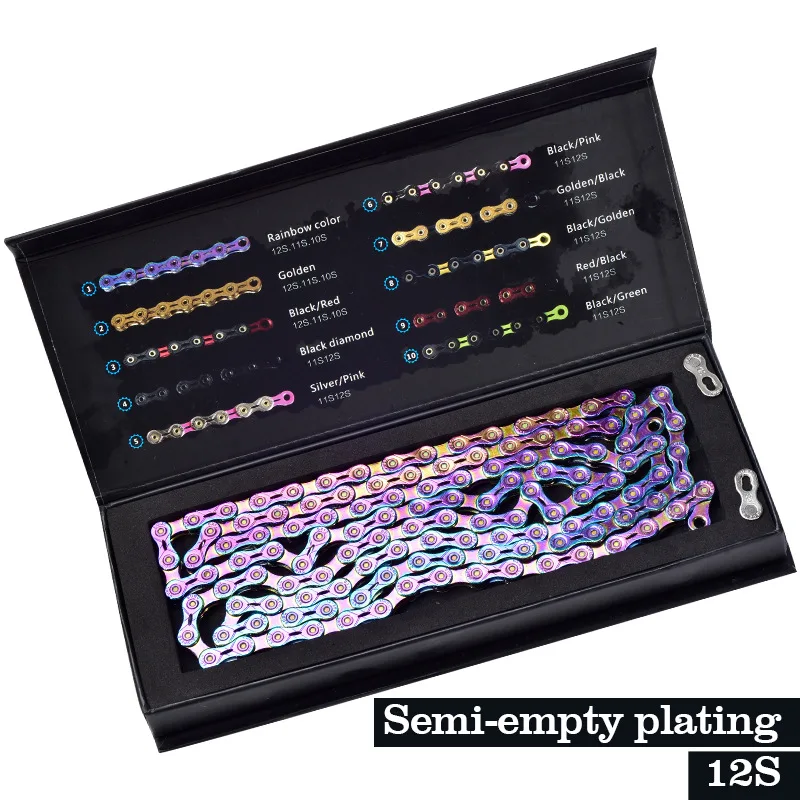 

SUMC Multi-Colored 9/10/11/12 Speed Bicycle Chain - Rainbow Hollow Semi-Hollow Magic Buckle Road Bike MTB Compatible 116-Links