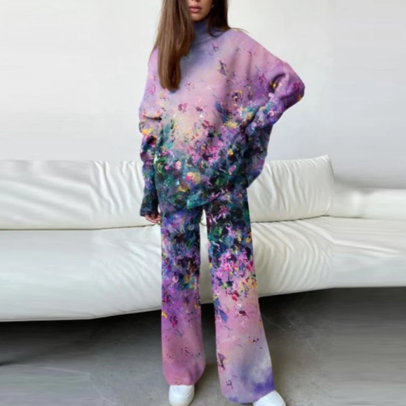 

Women Street Style Two Piece Sets Fashion Tie Dye Print Warm Tracksuits O Neck Long Sleeved Hoodies Wide Leg Pants Trouser Suits