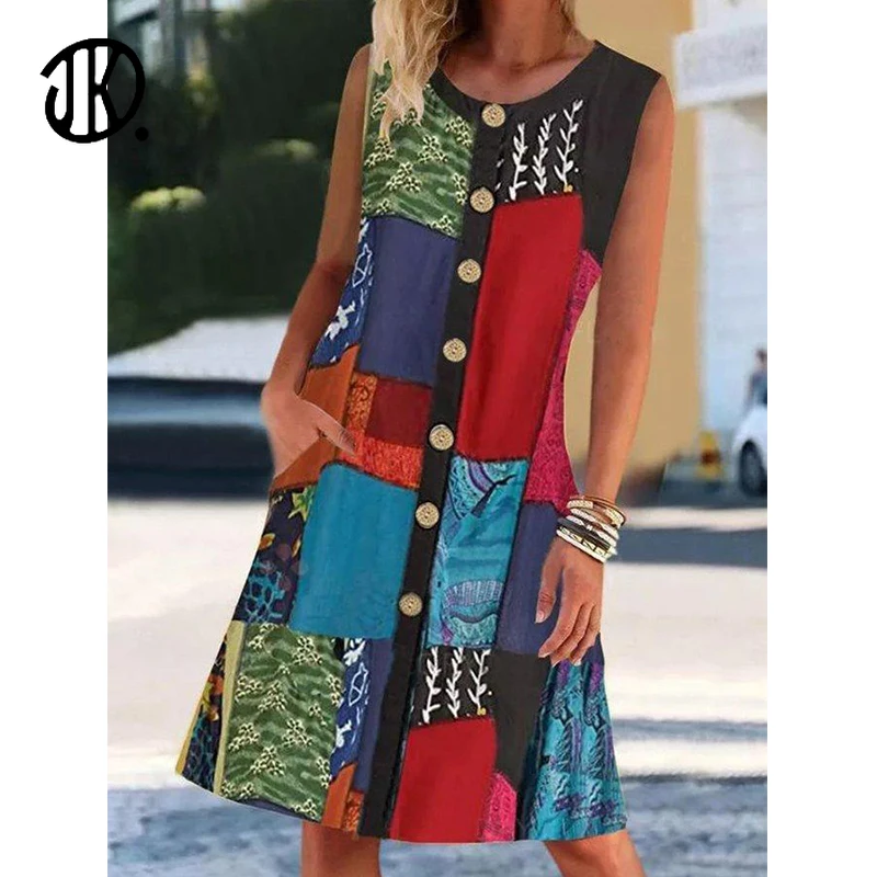 

Oversized Vintage Women Dress Sleeveless Button Cardigan A-line Dress Round Neck Patchwork Printed Vestidos Loose Mini Dress 5XL