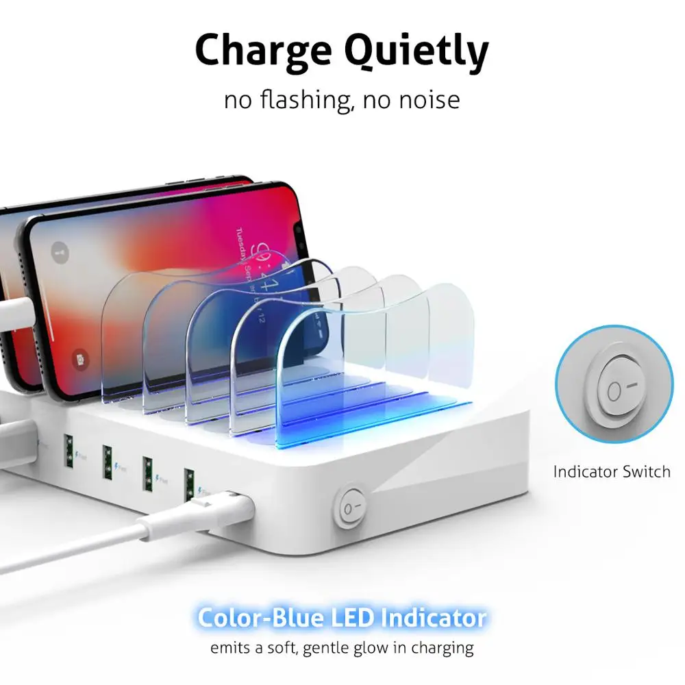 Soopii Quick Charge 3,0 60 W/12A 6-портовая зарядная станция usb для нескольких устройств, 6 кабелей в комплекте(2 IOS 2 Micro 2 type-C
