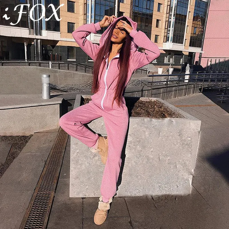 

IFox Fashion Pink Long Sleeve High Neck Zipper Hoodies for Women Autumn Winter Casual Solid Sweatshirts Jumpsuit with Hat