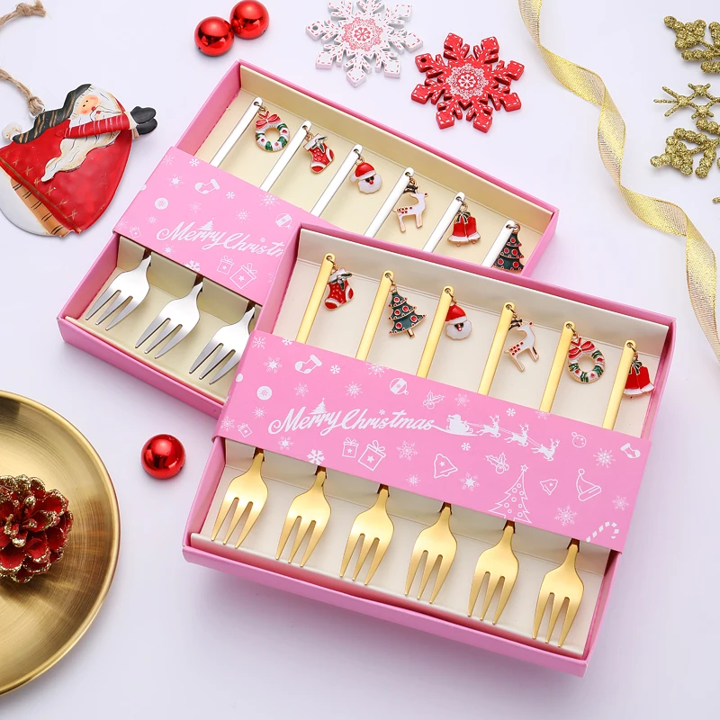

6Pcs Christmas Coffee Spoons & Forks Sets Stainless Steel Creative Dessert Tea Spoon for Home Festival Party Tableware Decor
