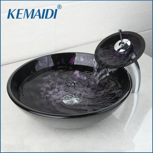 

KEMAIDI Washbasin New Bathroom Sink Hand Paint Tempered Glass Basin Sink With Waterfall Faucet Taps,Vessel Water Drain Set
