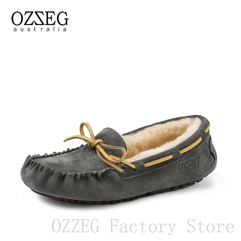 OZZEG/Роскошная брендовая дизайнерская обувь; женская зимняя обувь из натуральной кожи на плоской подошве; мужской зимний жакет на овечьем меху; лоферы с меховой подкладкой; обувь унисекс - Цвет: Women Grey