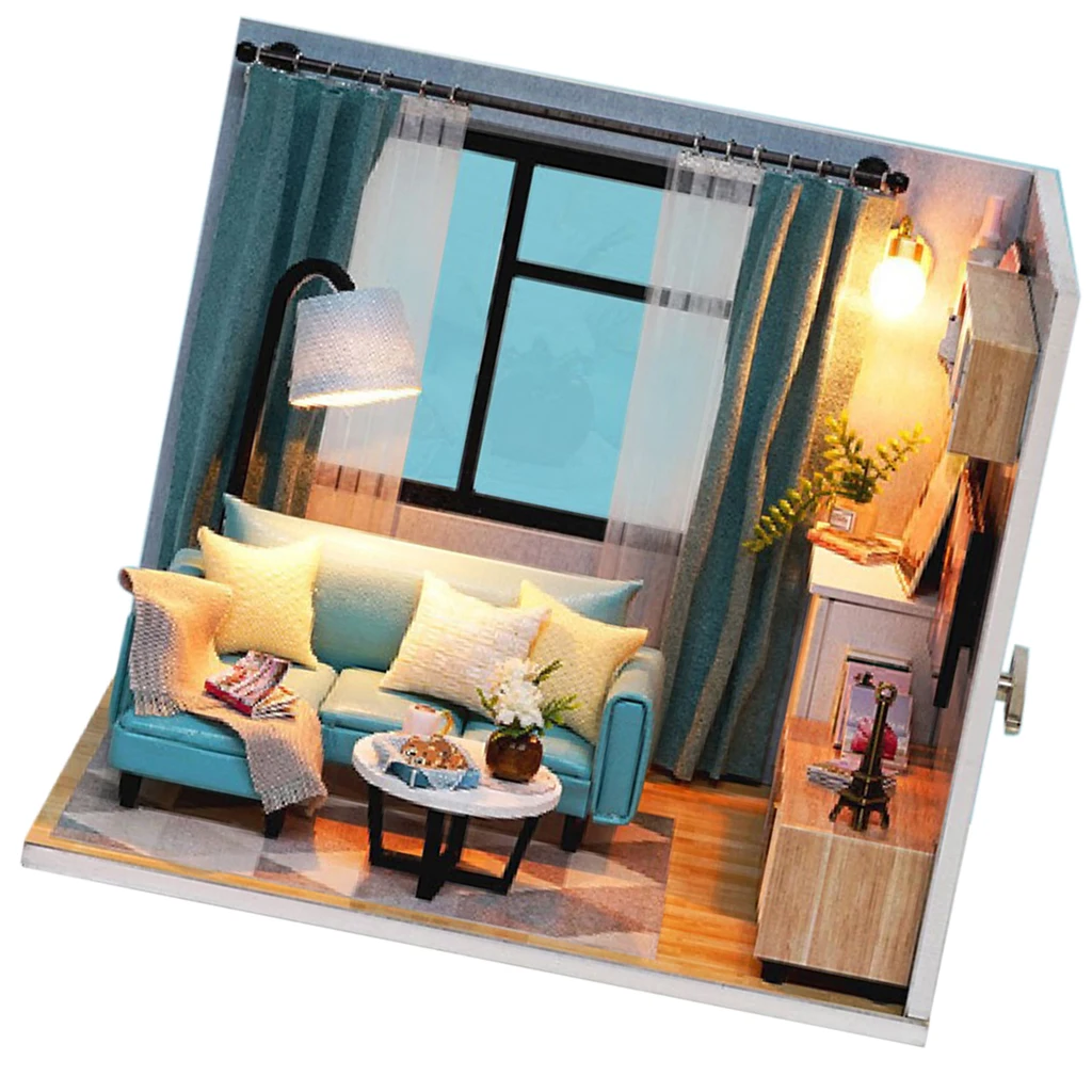 

2 Pieces 1:24 Wooden Doll House with Furniture Light for Children Kids DIY Miniature Room Assembly Box