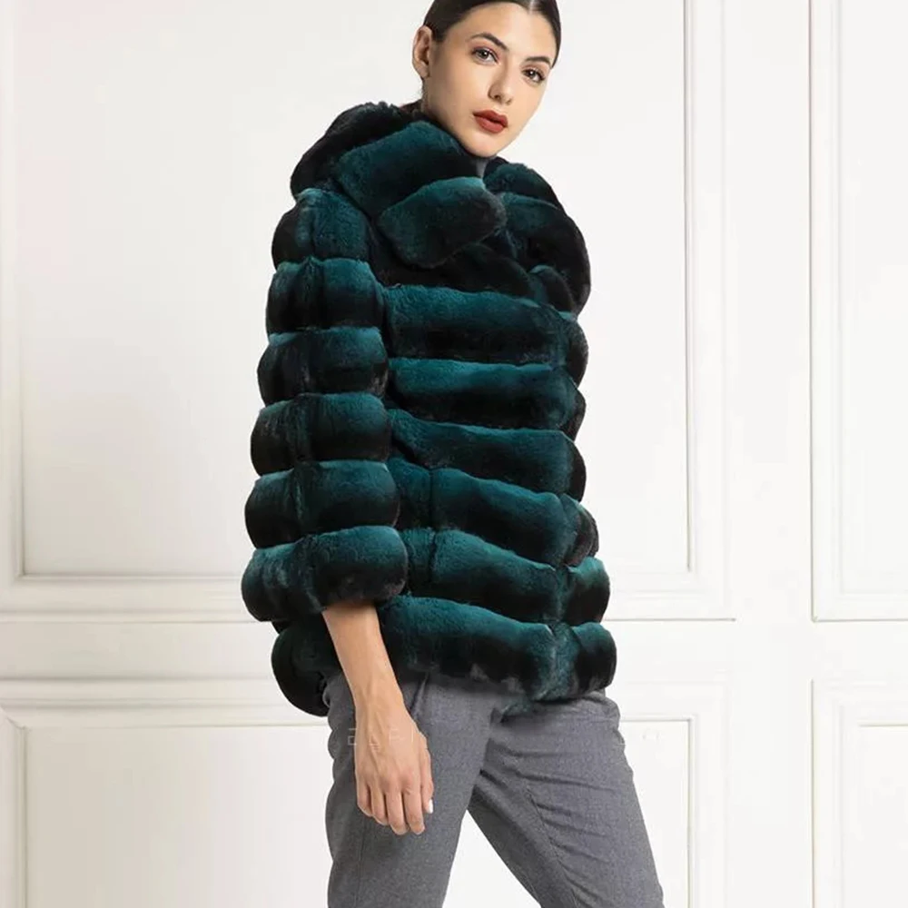 Fashion Green Natural Rex Rabbit Fur Jacket Stand Collar High Quality Natural Full Pelt Genuine Rex Rabbit Fur Coats Outwear