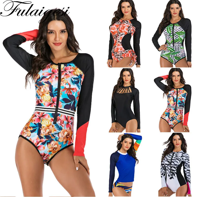 Женский купальный костюм с цветочным принтом и длинными рукавами винтажный в