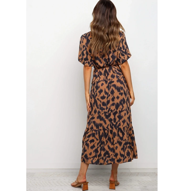 

Mandylandy Dress Women's Casual Slim Dress Summer Fashion Leopard Print Split Short Sleeve V-neck High Waist Dress
