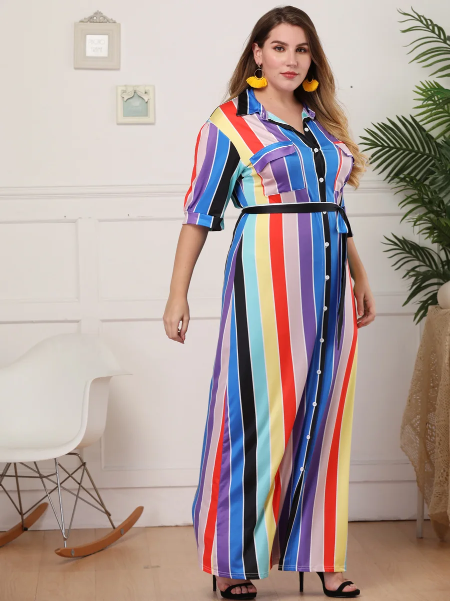 

Colorful Stripe Button Middle Sleeve Long Shirt Workthrough Women's Plus Size Women Clothing Striped Long Women Bandage Dress