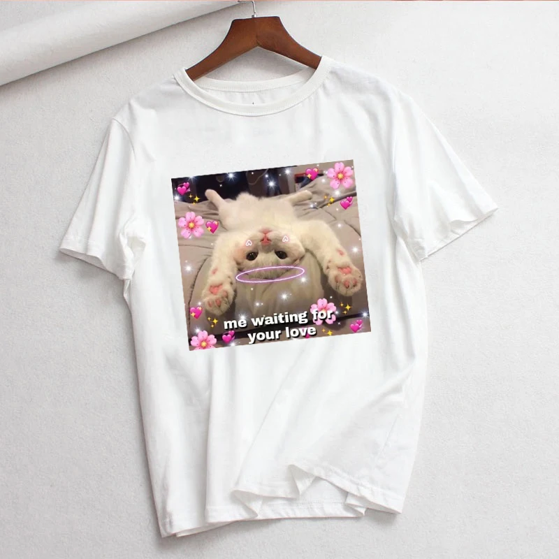 Женская Повседневная футболка Harajuku Kawaii Милая с принтом кота Новые Топы короткими