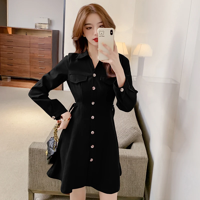 

Chiffon Loose Women Dresses New Fashion Casual Long Sleeve Dress Solid Color Polo-collar Autumn A-LINE Knee-Length Houthion
