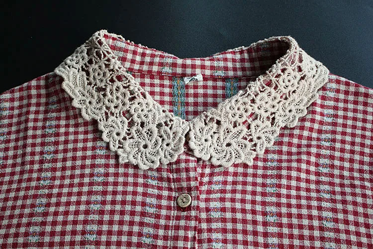 

8725 New Spring Women Shirt Japan Style Mori Girl Literary Long Sleeve Loose Lace Collar Plaid Cotton Shirt