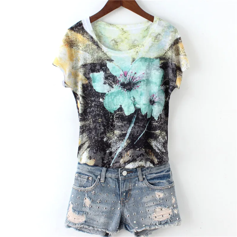 Модная футболка с коротким рукавом и цветочным принтом женская тонкая женские