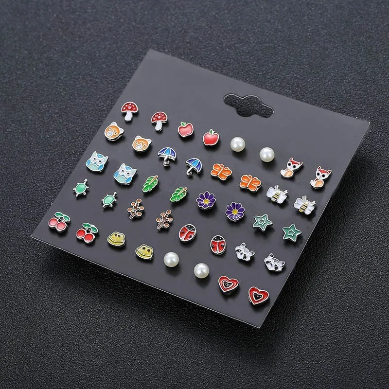 

New Korean Version of Cute All Match Women's Earrings Fruit Animal Star Moon Combination Multicolor Earring Set Fashion Girl Gif