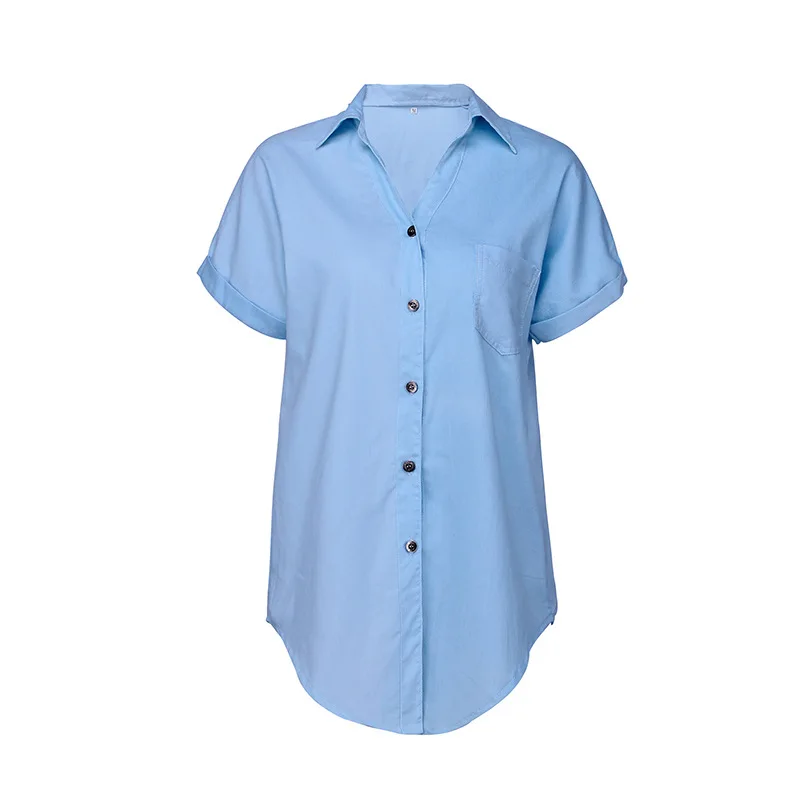 

New Buttons with Irregular Edge Large Size Shirts Turn-down Collar Blue T-shirts