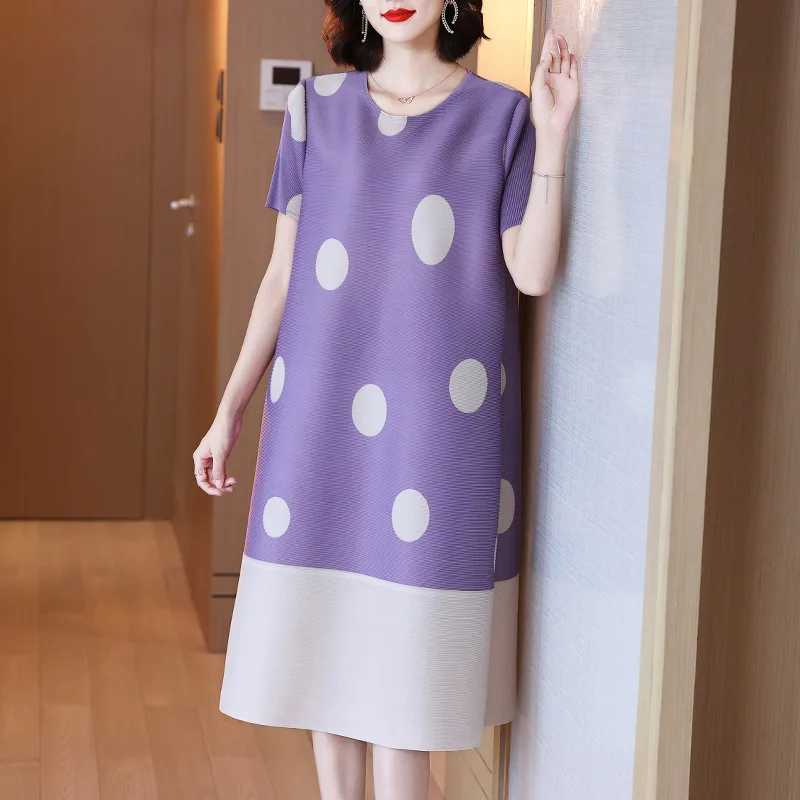 

High End Foreign Style Pleated Fashion Dot Print Dress Summer 2021 New Women's Loose Belly Size