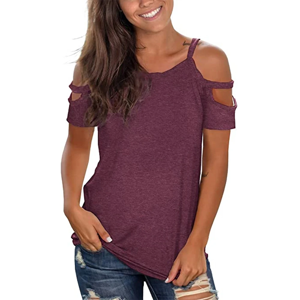 

Women Casual Solid Color Basic Short Sleeve T-shirt 2021 Summer Off Shoulder Hollow Round Neck Straight Fashion Tee Clothing