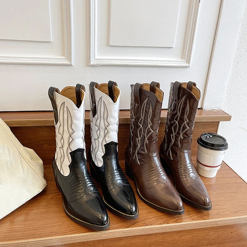 

Женские Ретро ковбойские ботинки с вышивкой для женщин высокие рыцарские ботинки-туфли мартинсы женские ботинки на толстом каблуке Женска...