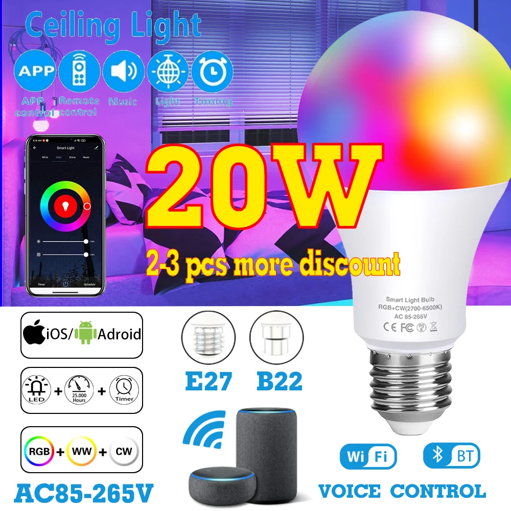 

RGB Lampada Inteligente LED Bulb Spot Light RGBW 20w WIFI/IR Remote Control Dimmable Smart Bulbs Alexa Google Assistant