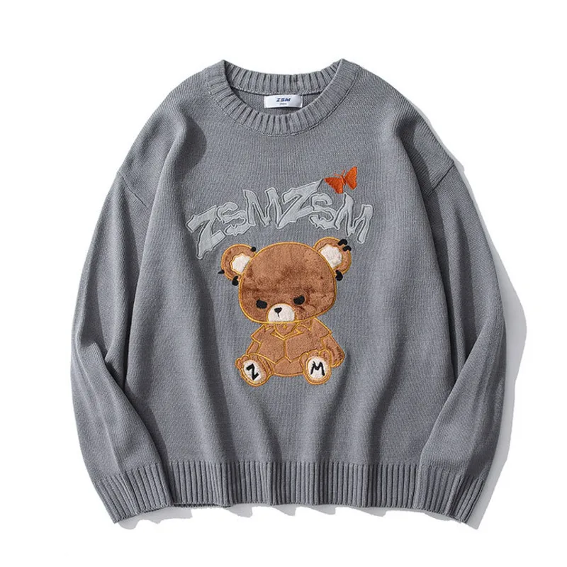 

#6755 черные, серые, синие вязаные мужские свитера и пуловеры в стиле пэчворк с мультяшным медведем, свободный уличный свитер с круглым вырезо...