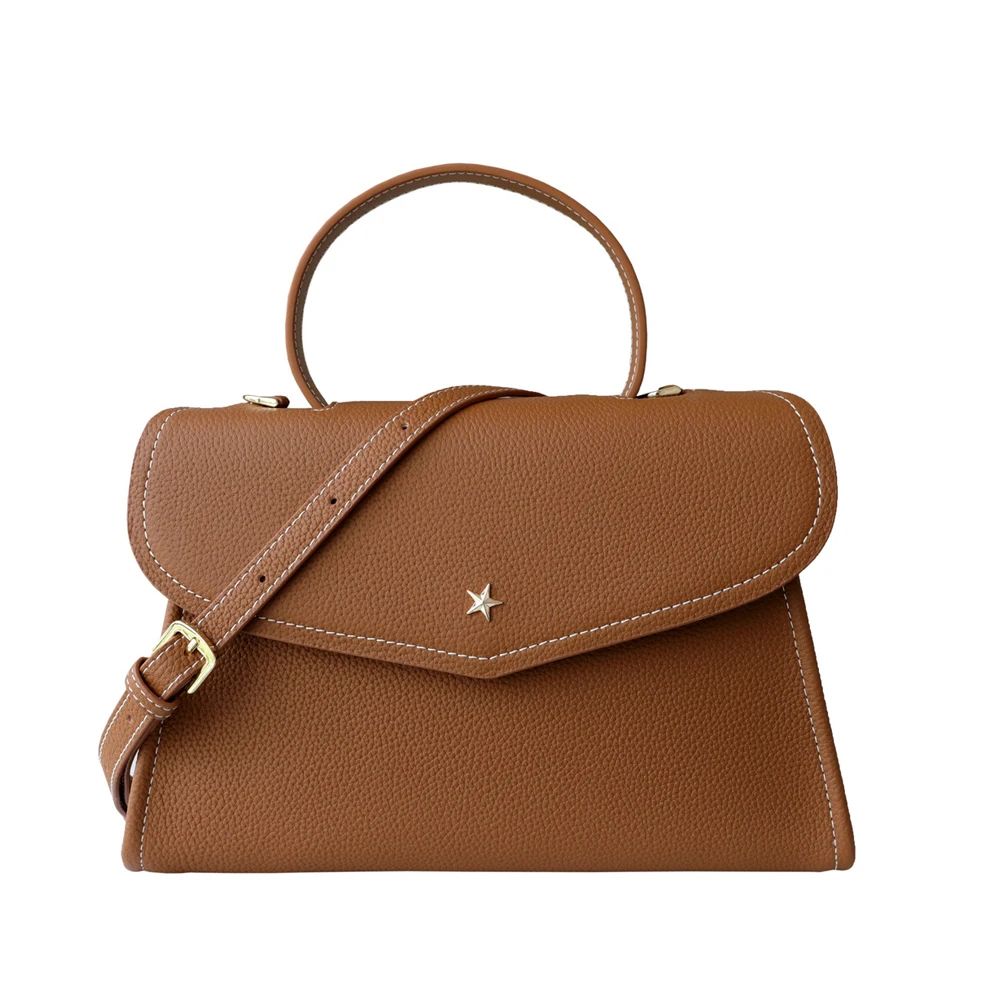 

Chic Star Design Cover Flap Bag Full Grain Cowhide Leather Messenger Bag Retro White Ladies Cross Body Bag OL Office Handbag