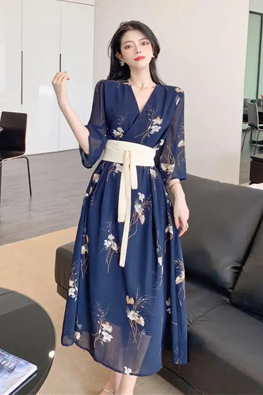 

SuperAen 2021 Summer New Plus Size Slim V-neck Print A Line Chiffon Dress for Women