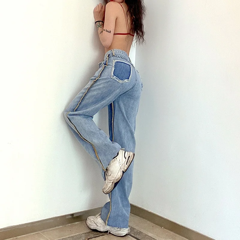 

High Waist Wide Leg Baggy Denim Jeans for Women 2021 Loose Washed Blue Long Pants Bleached Trousers Female Elegant Streetwear