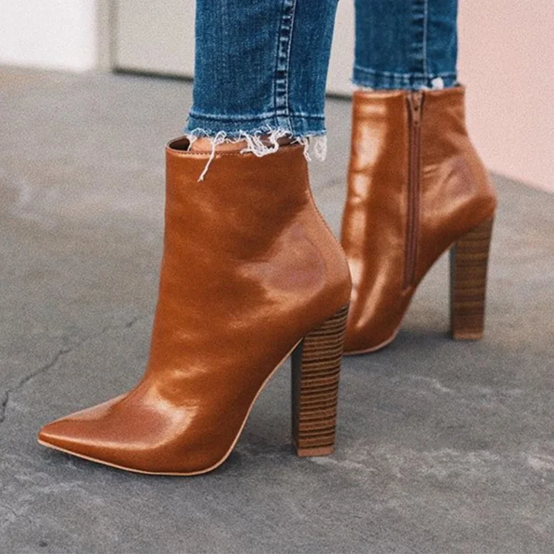 

Women Patent Leather Ankle Boots Fashion Square High Heels Pointed Toe Brown Winter Pumps Shoes Zipper 2021 Woman Short Booties