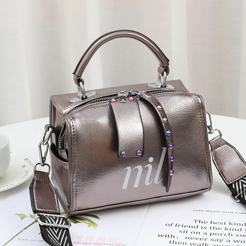 

Wide Strap women PU Leather Boston Handbag Casual Fashion Brand Designer Lady's Zipper Shoulder Small Travel Female Handbags