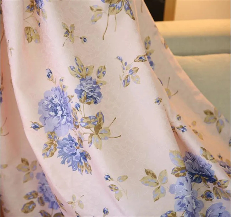 Blue Floral Curtain For Living Room Luxury Semi Blind Drape Window Panel Fabric Curtain For Bedroom Shading Pink Sheer HM386*30