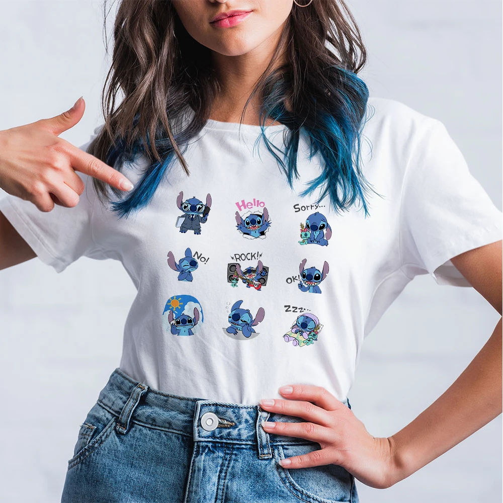 

Disney Kawaii Funny Stitch's daily life Cartoon Clothing 2021 Summer Hot Sale Women Casual Tops Fashion High Street Style shirt