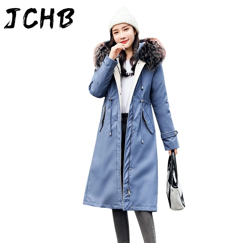 

JCHB Wool Liner Slim Long Parkas Female Winter Hooded Thick Jacket Women Plus Size Thick Fur Collar Casual Cotton Padded Warm Ou