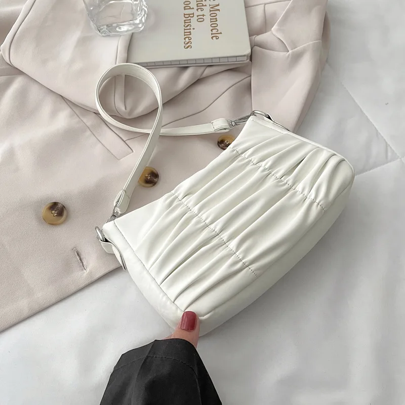 

Popular Fold Underarm Bags Summer New PU Leather Solid Color Women's Shoulder Bag Fashion Textured Zipper Handbag for Women 2021