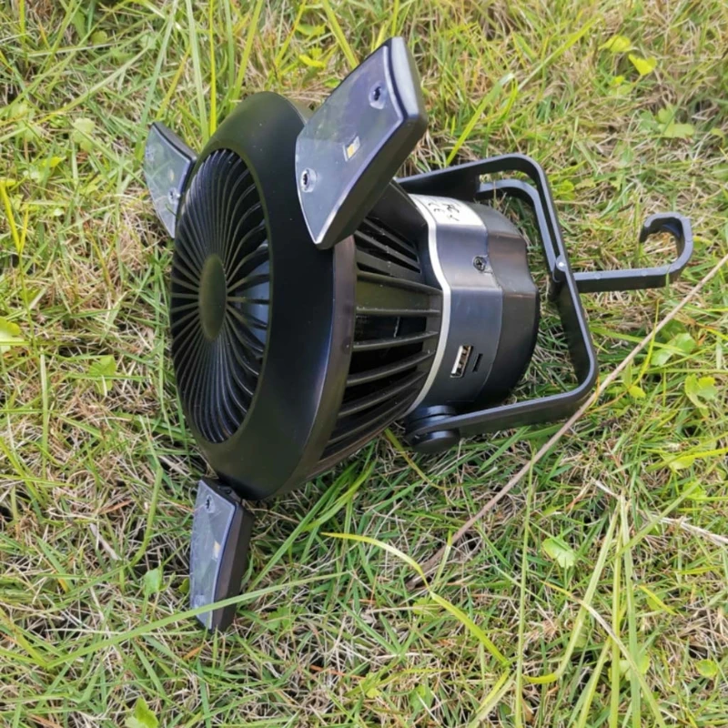 

Portable Solar Tent Fan 3 Speeds with LED Lights Hanging Hook Rechargeable Battery Operated USB Fan for Camping Home Office