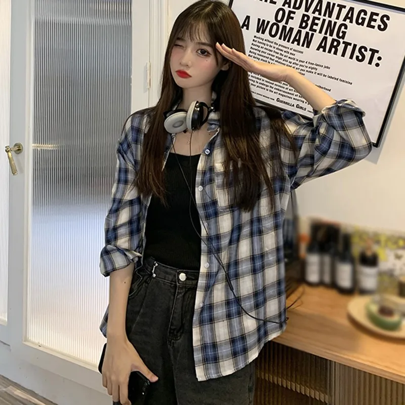 

Spring Summer Women's Shirt Korean Tops Women's BM-Style Plaid Loose Personality Casual Long Sleeve Shirt