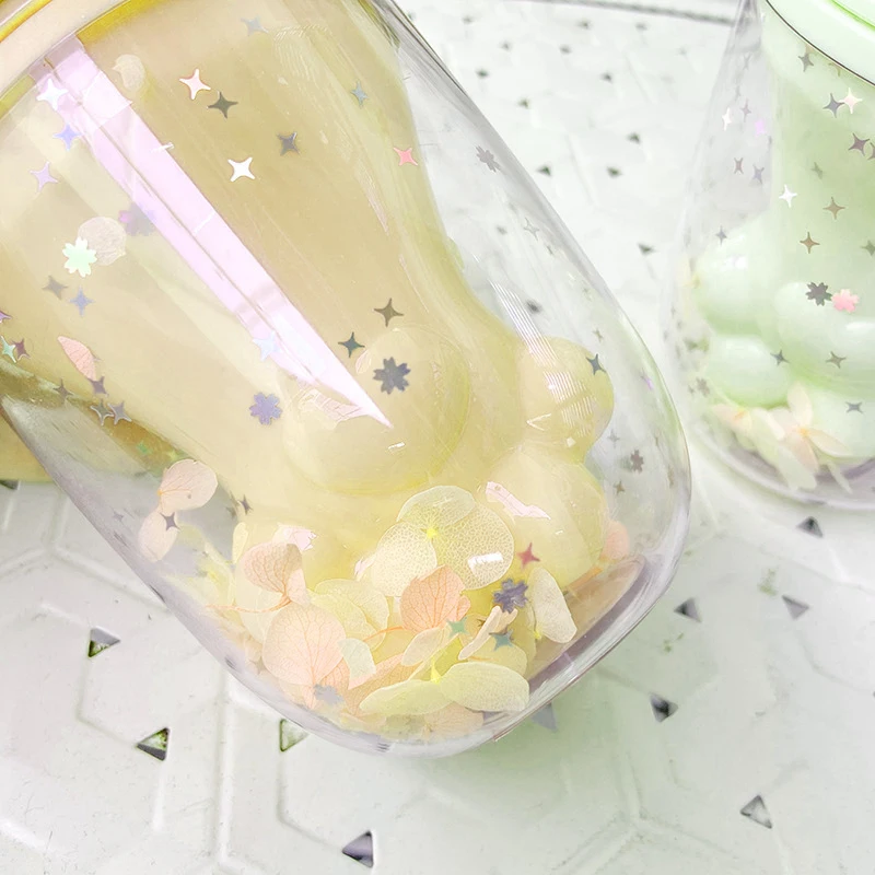

Yellow Cartoon Cat Claw Double Plastic Cup Cute Ins Sequined Straw Water Cup