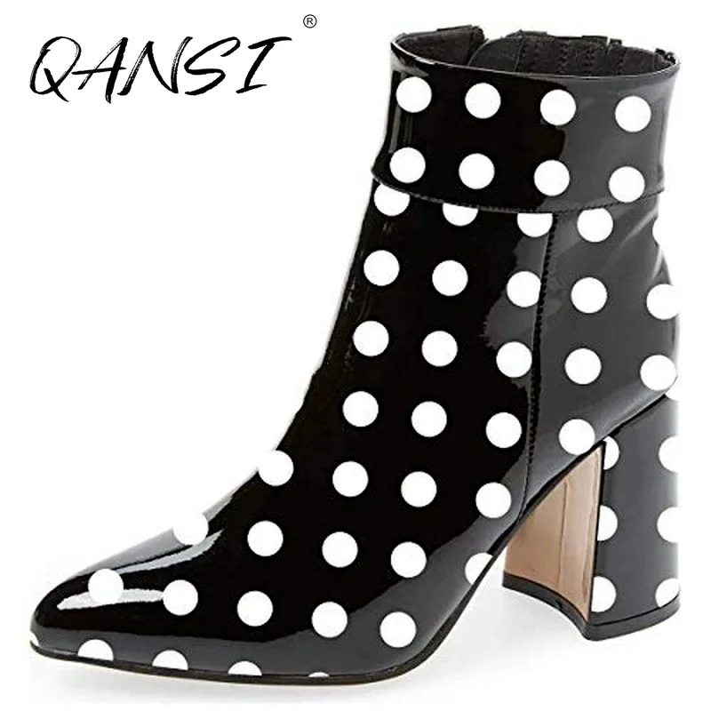 

Customization Women Pointed Toe High Heels Ankle Boots Glossy Patent Leather Party Booties Handmade Polka-dots Women's Boots