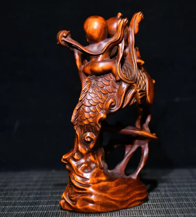 Archaize seiko Hand-carved boxwood childs ride carp crafts statue images - 6