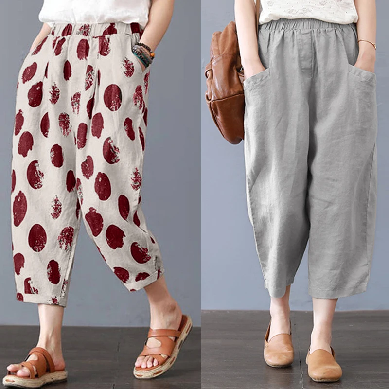 

Elegant Women Cotton Linen Harem Pants ZANZEA Elastic Waist Work Trouser With Pockets Solid Casual Turnip Pantalon